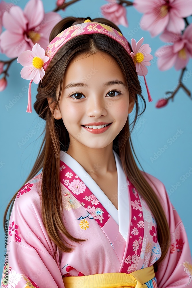 Young Girl in Traditional Japanese Kimono with Flower Headband Young Girl in Traditional Japanese Kimono with Flower Headband