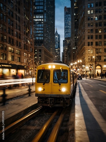 Yellow train moving through Chicago with motion blur, capturing urban vibrancy.