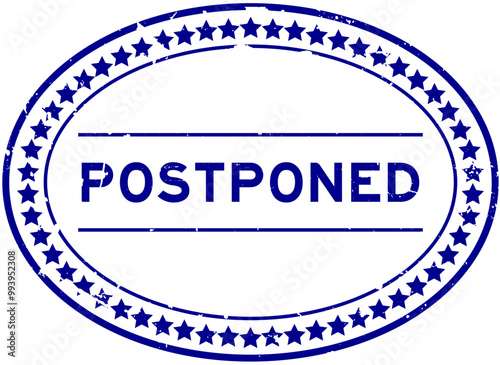 Grunge blue postponed word oval rubber seal stamp on white background