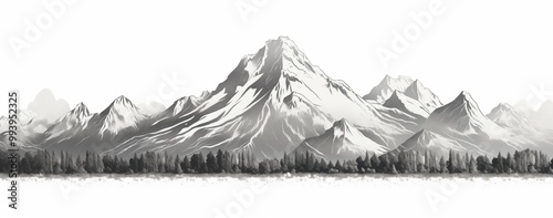 A monochrome drawing showcasing a rugged mountain range, emphasizing the contours and elevations of the landscape.