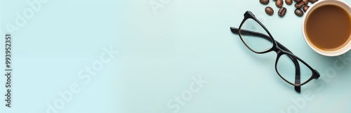Coffee beans scattered alongside glasses, set against a striking blue backdrop, highlighting the essence of coffee culture.