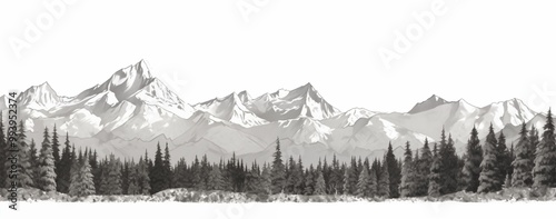 A detailed black and white drawing depicting a majestic mountain range with sharp peaks and valleys.