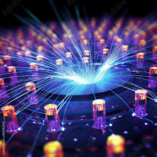 Intricate Web of Fiber Optic Cables Transmitting Data Signals
