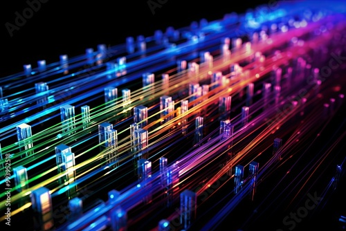 Intricate Web of Fiber Optic Cables Transmitting Data Signals
