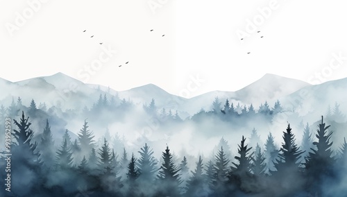 A watercolor artwork showcasing a tranquil forest scene, featuring towering mountains and vibrant trees.
