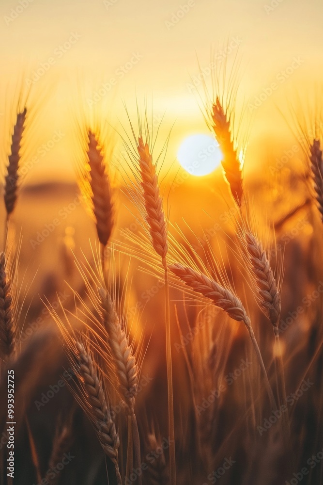 Vibrant Golden Wheat Field at Sunset with Glowing Sky Vibrant Golden Wheat Field at Sunset with Glowing Sky