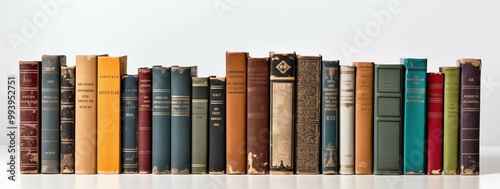 A row of vintage books displayed against a clean white background, showcasing their worn spines and unique titles.
