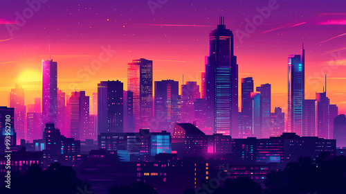 Colorful comic cityscape background with urban skyline for graphic design and illustrations. Narrative Illustration. Illustration