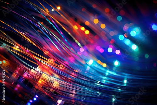 Intricate Web of Fiber Optic Cables Transmitting Data Signals


