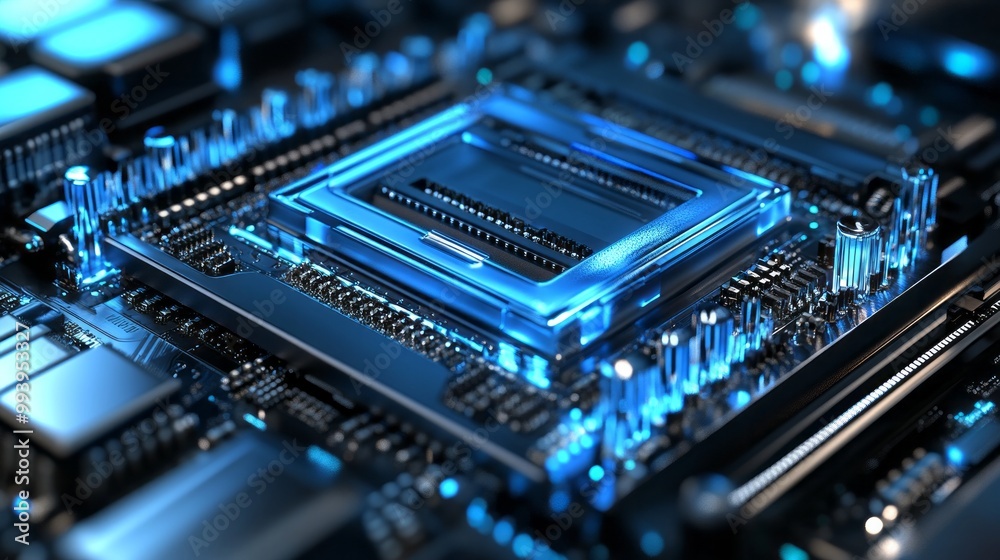 Close-up of a Computer Motherboard with a Blue CPU Close-up of a Computer Motherboard with a Blue CPU