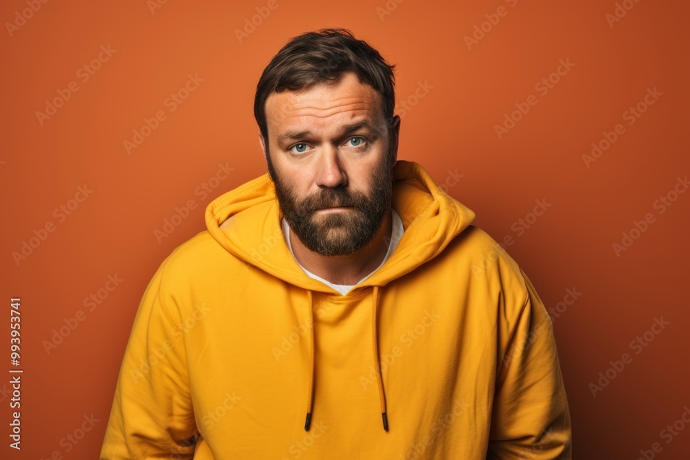 Portrait of a tender man in his 40s sporting a comfortable hoodie in front of solid color backdrop Portrait of a tender man in his 40s sporting a comfortable hoodie in front of solid color backdrop
