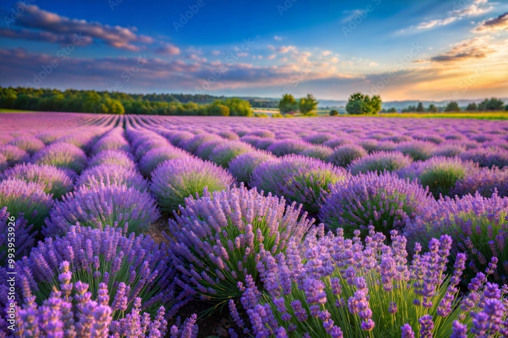 Obraz premium Serene lavender field at sunset with vibrant blossoms