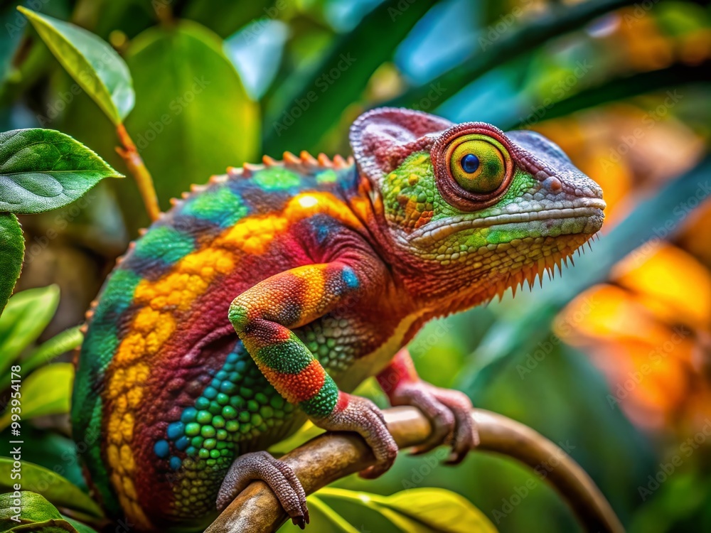 Colorful Chameleon on a Branch Blending with Green Leaves in a Tropical Environment Colorful Chameleon on a Branch Blending with Green Leaves in a Tropical Environment