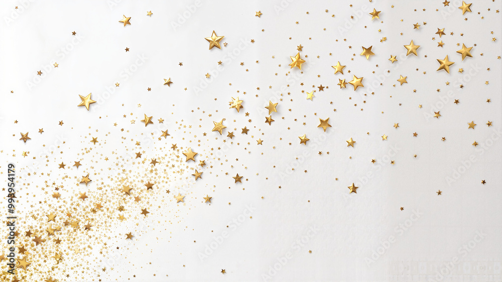 Gold Glittering Stars on White Background, Festive Holiday Theme with Copy Space Gold Glittering Stars on White Background, Festive Holiday Theme with Copy Space
