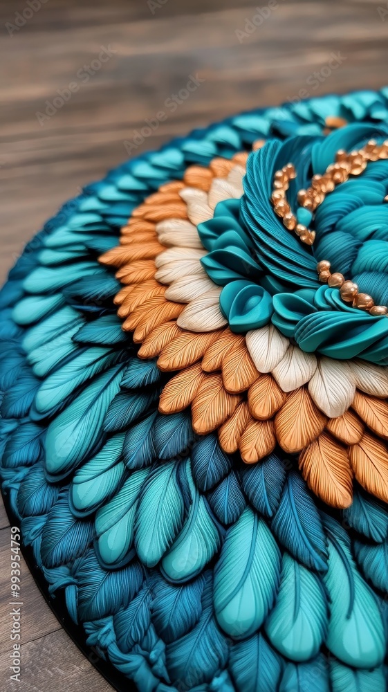 Naklejka premium Vibrant handcrafted art piece featuring intricate floral patterns in turquoise, orange, and cream hues, perfect for decor.