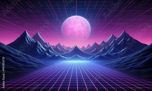 Blue grid with pink and blue neon lines, creating a glowing and futuristic background. Suitable for tech, science fiction, or digital designs. Generative AI