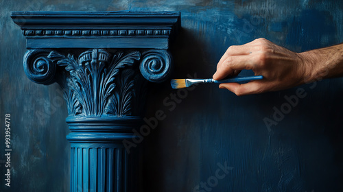 Zoomedin view of a painter s hand applying dark blue paint on a decorative column, architectural details emphasized, Neoclassical, Textured, Soft Shadows photo