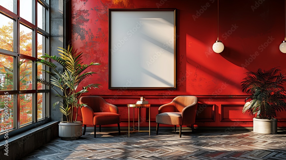 A modern cafe interior with a blank poster on the wall, stylish furniture, and red color scheme, concept of advertising space. 3D Rendering A modern cafe interior with a blank poster on the wall, stylish furniture, and red color scheme, concept of advertising space. 3D Rendering