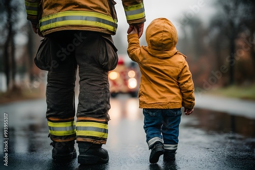 dirty and muddy firefighter holding hand of little child, representing courage and protection