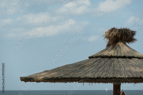 Beach parasol made from natural grass by the sea