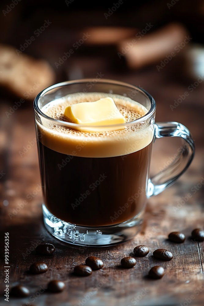 Close-up of a cup of coffee with a pat of butter on top, surrounded by coffee beans.