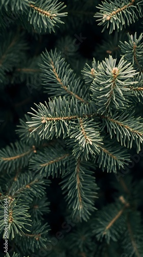 A close-up shot of the green pine tree branches, showcasing their intricate details and textures