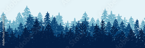 Seamless coniferous forest silhouette horizontal landscape background. Vector hand drawn sketch illustration of blue pine and spruce trees. Travel poster, banner design