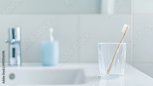 Closeup of Toothbrush in Glass Cup on Bathroom Counter