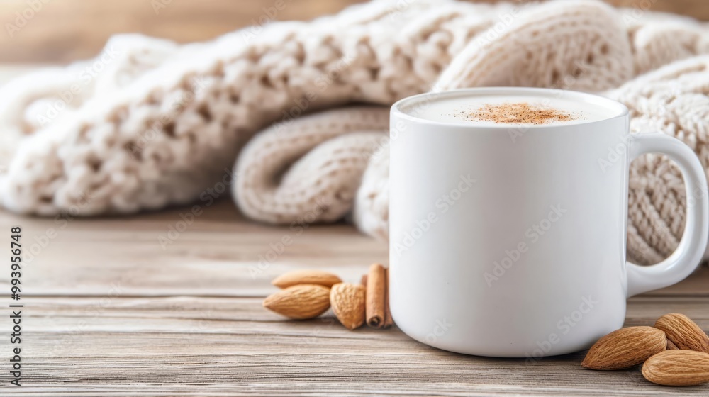 Almond milk with a sprinkle of cinnamon, served in a mug with a cozy knitted blanket in the background, vegan, plant-based, cozy Almond milk with a sprinkle of cinnamon, served in a mug with a cozy knitted blanket in the background, vegan, plant-based, cozy