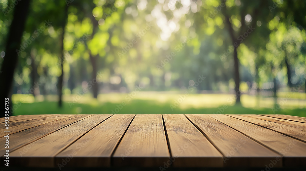 Blank wooden table on green summer park background banner
Blank wooden table on green summer park background banner
