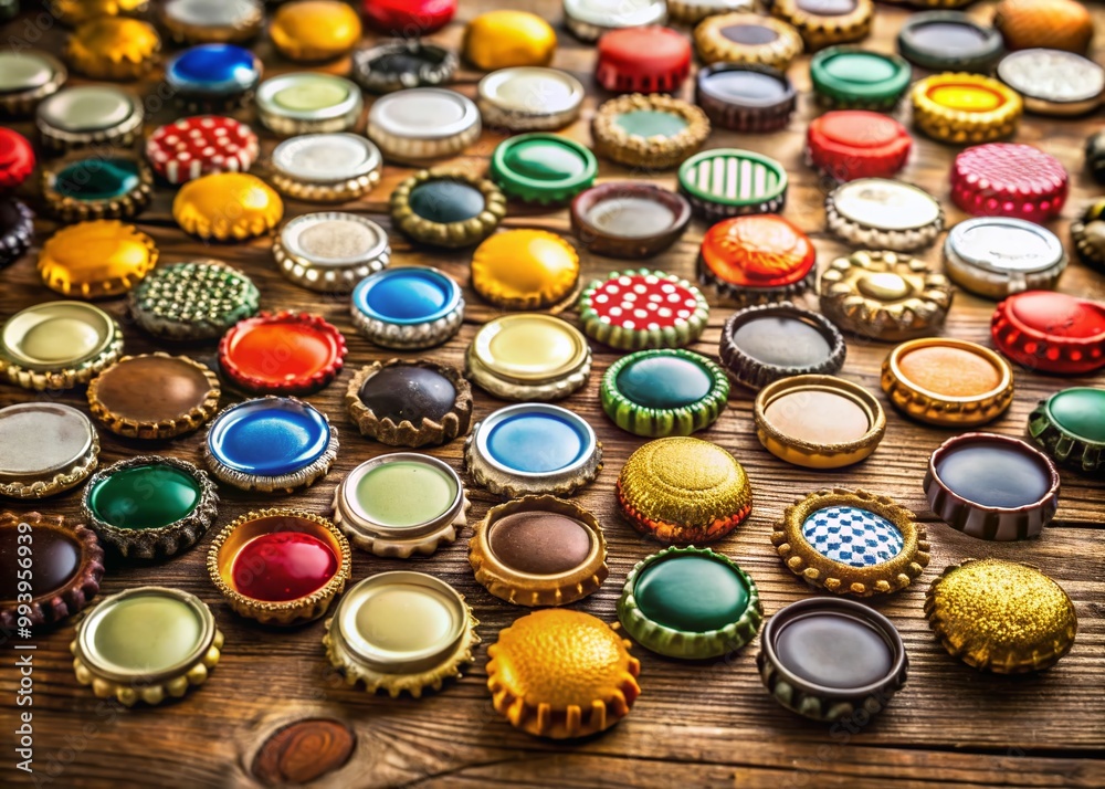 Colorful Collection of Beer Caps Displayed on a Wooden Table in a Rustic Setting for Craft Beer Lovers Colorful Collection of Beer Caps Displayed on a Wooden Table in a Rustic Setting for Craft Beer Lovers