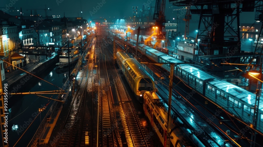 Illuminated Train in Motion Through Vibrant Harbor at Night, 8K UHD Illuminated Train in Motion Through Vibrant Harbor at Night, 8K UHD