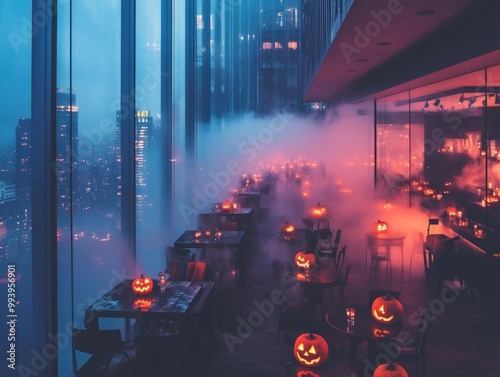 Spooky Halloween-themed cocktail party in an American skyscraper eerie lights flickering photo