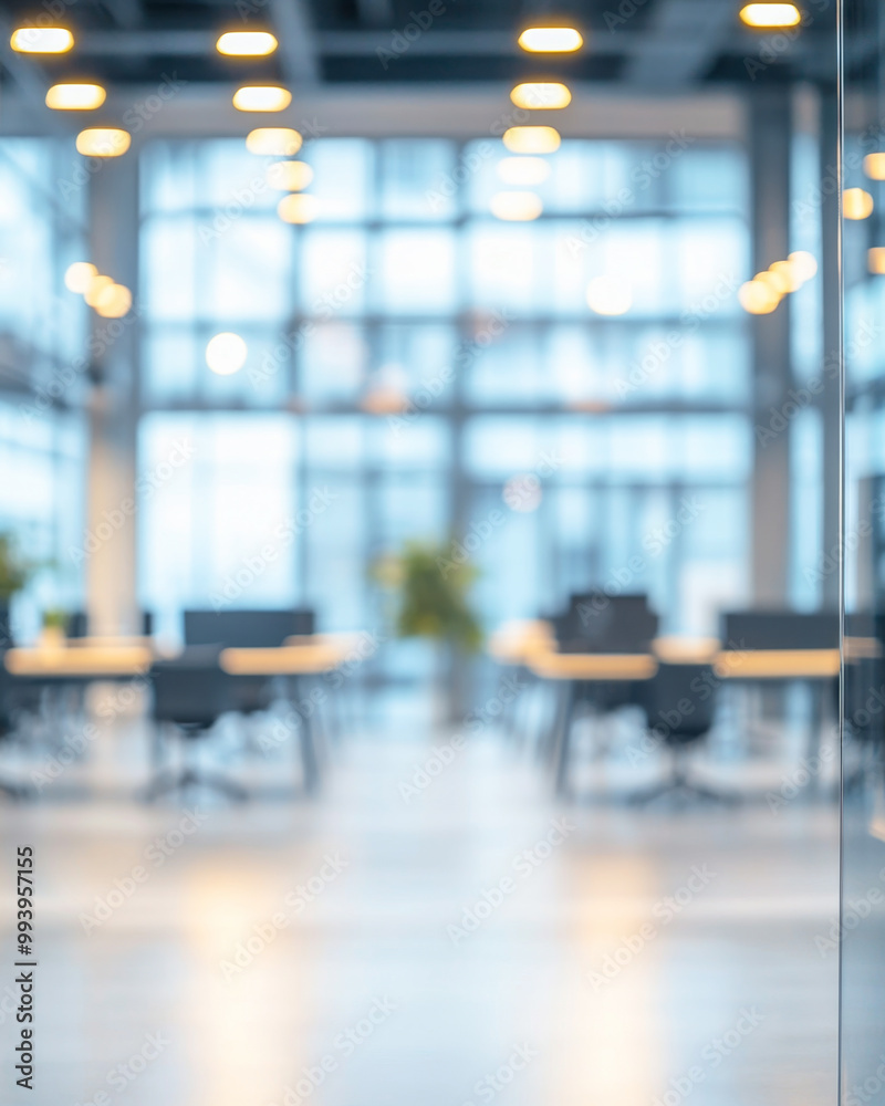 Modern office interior with blurred desks and glass walls, ideal for professional backgrounds