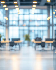 Modern office interior with blurred desks and glass walls, ideal for professional backgrounds