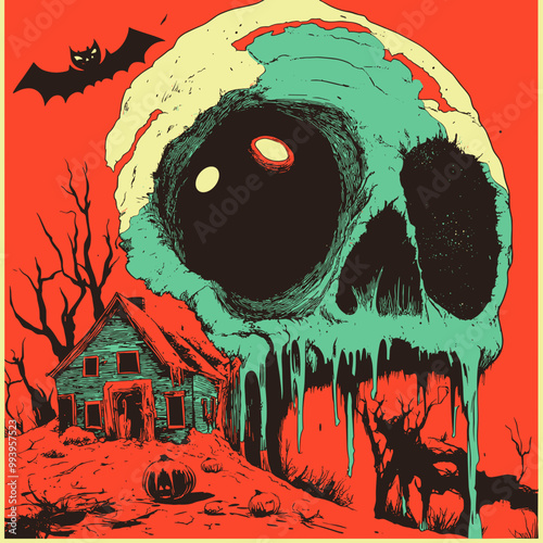 Massive skull and eerie haunted house in desolate Halloween night