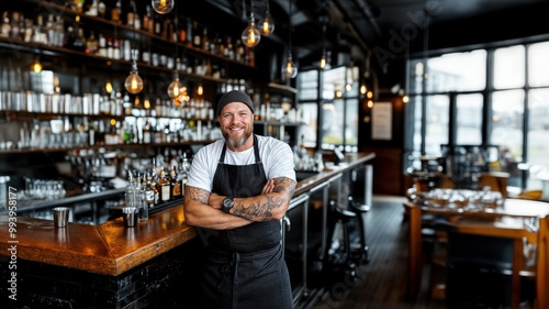 Barkeeper in moderner Bar, lächelnd vor Theke, Bartender in modern bar, smiling in front of counter