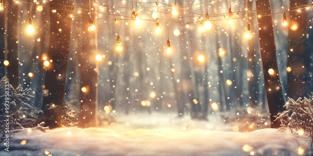 Winter forest background with fluffy snow and glowing lights for festive presentations Winter forest background with fluffy snow and glowing lights for festive presentations