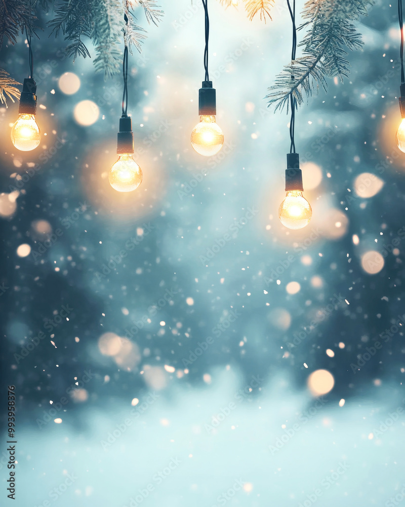 Blurry winter forest background with lights and falling snow for festive product presentation Blurry winter forest background with lights and falling snow for festive product presentation