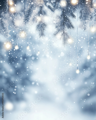 Serene winter forest background with hanging lights and gentle snowfall for festive celebrations