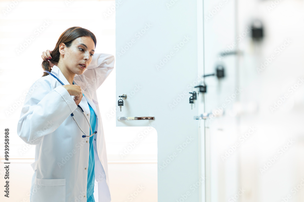 Young female doctor in a changing room putting his clothes to the locker Young female doctor in a changing room putting his clothes to the locker