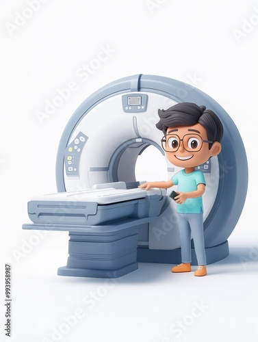 Cartoon male technician standing next to an MRI machine, smiling and ready to operate, wearing glasses and casual clothes, isolated on white background, medical imaging concept, selective focus

