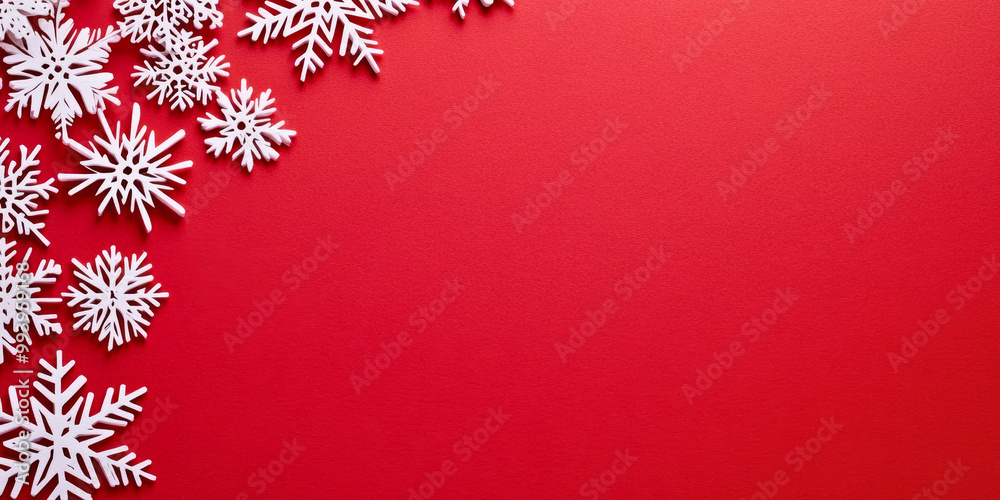 Festive red background decorated with white snowflakes and stars, perfect for Christmas celebrations Festive red background decorated with white snowflakes and stars, perfect for Christmas celebrations