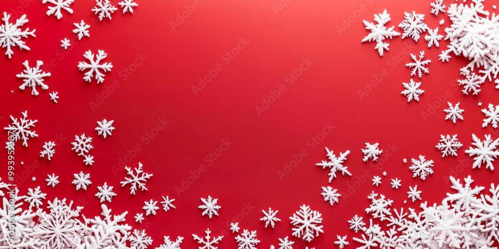 A vibrant red backdrop adorned with delicate white snowflakes creates a festive atmosphere A vibrant red backdrop adorned with delicate white snowflakes creates a festive atmosphere