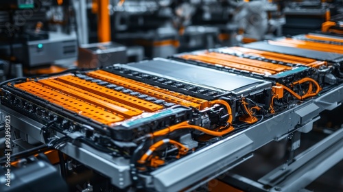 Electric vehicle batteries production, vibrant orange components, complex assembly line, focus on energy innovation