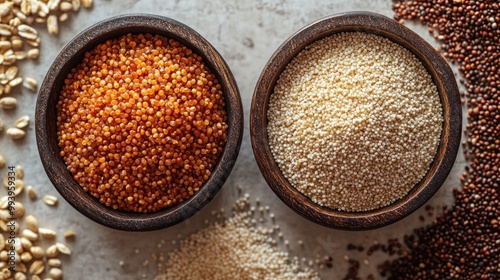 Two bowls of grains on a textured surface, showcasing variety.