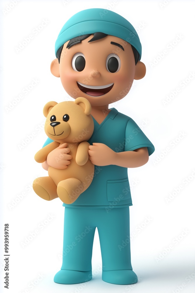 Cartoon male pediatric nurse in teal scrubs, smiling and holding a teddy bear, wearing a surgical cap, isolated on white background, child healthcare concept, selective focus
Cartoon male pediatric nurse in teal scrubs, smiling and holding a teddy bear, wearing a surgical cap, isolated on white background, child healthcare concept, selective focus