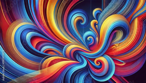 Dynamic abstract artwork featuring bold, swirling ribbons of vibrant colors, including blue, red, and yellow, creating a sense of movement and energy.