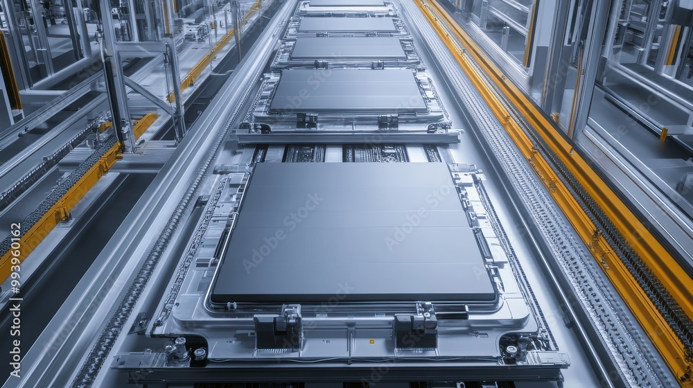 Obraz premium Assembly Line Efficiency, sleek battery modules in a streamlined production setting, showcasing advanced technology.