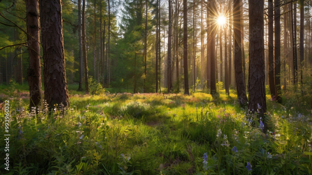 Obraz premium Serene Spring Forest with Sunlight Rays